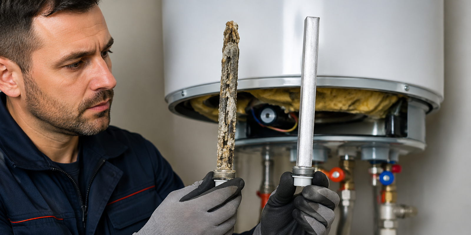 Tecnico confronta un anodo dello scaldabagno nuovo e uno consumato durante un intervento di manutenzione del boiler