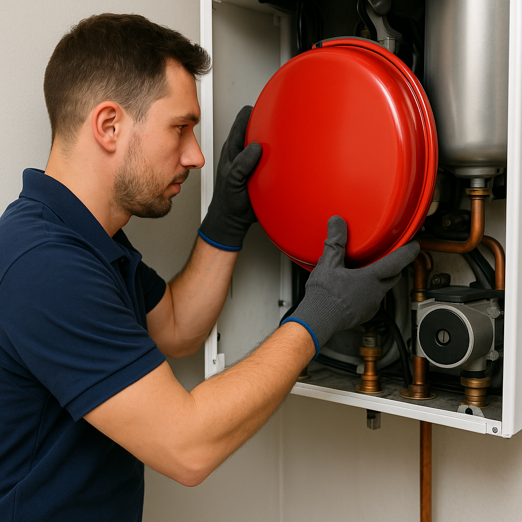 Tecnico che installa un vaso di espansione rosso su una caldaia murale, collegandolo ai tubi del circuito di riscaldamento