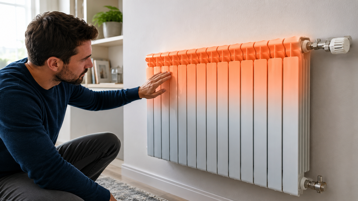 Persona che controlla un termosifone caldo sopra e freddo nella parte bassa