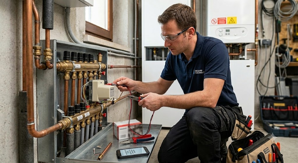 Tecnico che controlla una valvola di zona del riscaldamento bloccata sul collettore dell'impianto