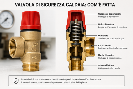 Valvola di sicurezza della caldaia: schema con componenti principali e funzionamento del dispositivo di sicurezza.