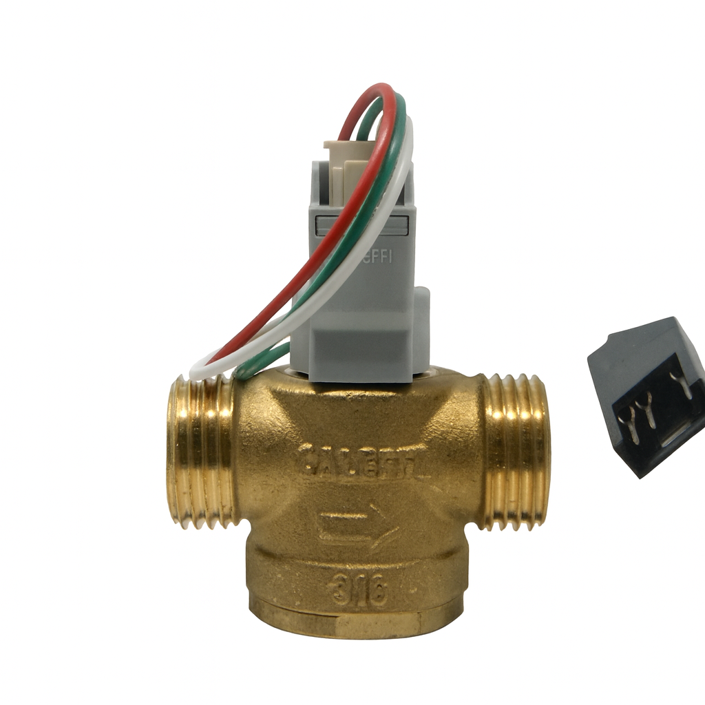 Flussometro Caleffi per caldaia in ottone con attacchi filettati e sensore elettronico, ricambio originale per impianti termici.