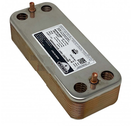 Scambiatore sanitario a 16 piastre in acciaio inox per caldaie Savio e Biasi, compatibile con modelli M261 e M291, codice ricambio BI1511106 – componente per il trasferimento di calore tra il circuito primario e l’acqua sanitaria, con attacchi laterali filettati.