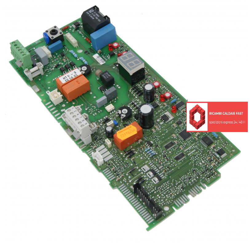 scheda elettronica verde con display e connettori er caldaie Lebalnc