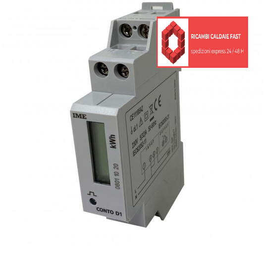 Contatore di energia attiva Emmeti 230V 30A per barra DIN 1 modulo – codice 07245360, ideale per pompe di calore e impianti termici, compatto e adatto al monitoraggio dei consumi su guida DIN standard."